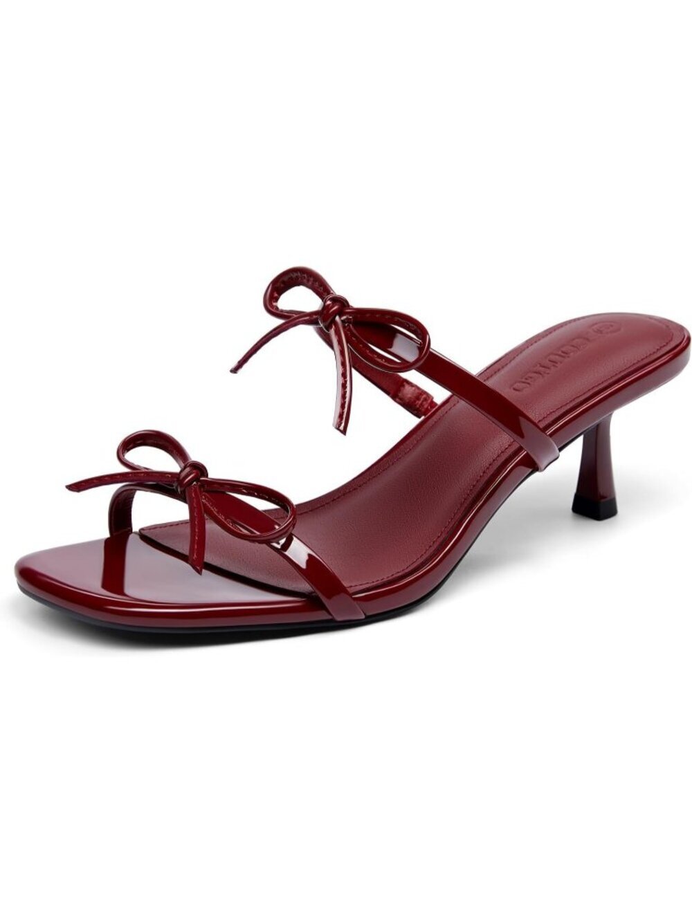 Women's Kitten Heels Bow Square Burgundy Open Toe Slides Two Strap Slip On Heels